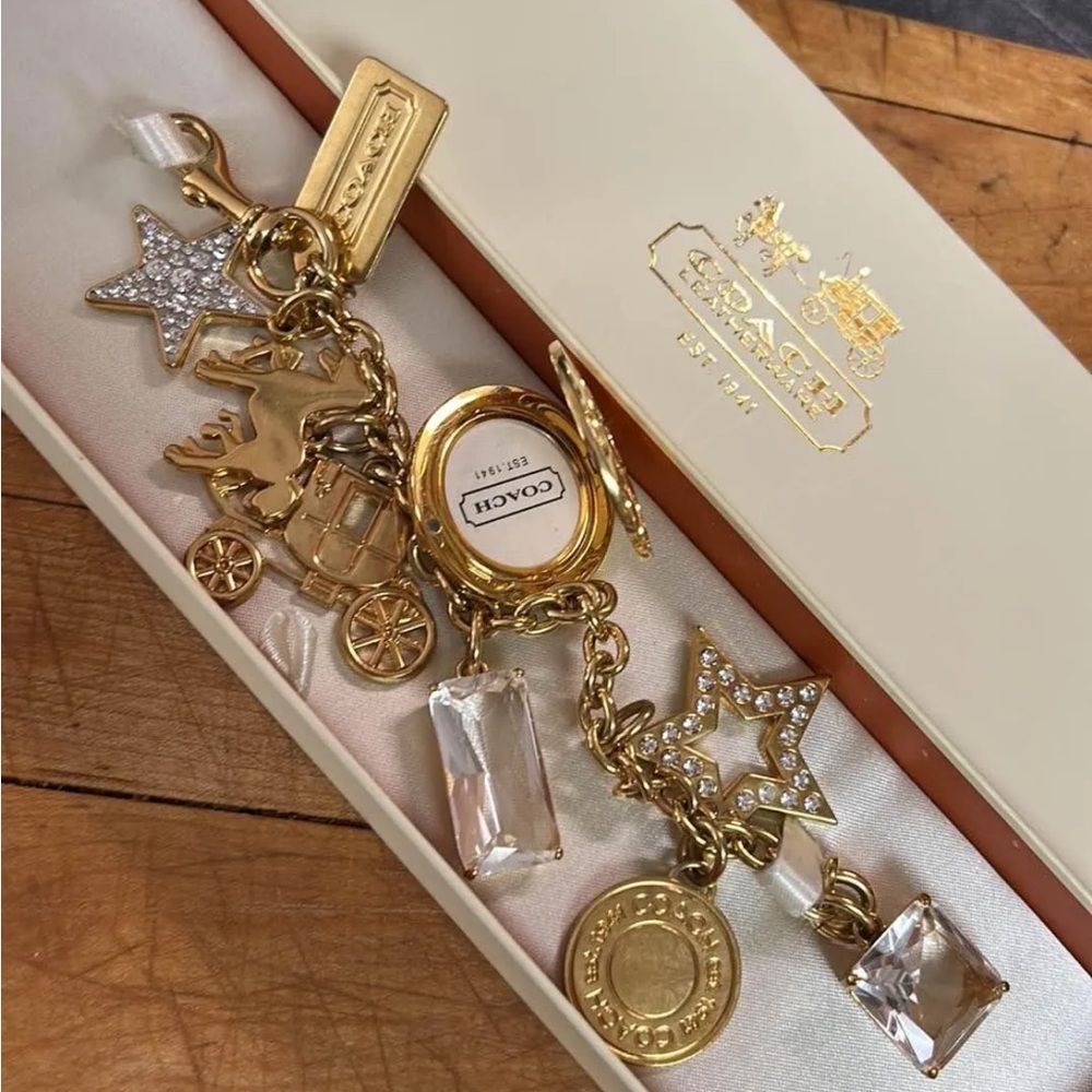 Coach Gold-Tone Crystal Star & Carriage Charm Keychain